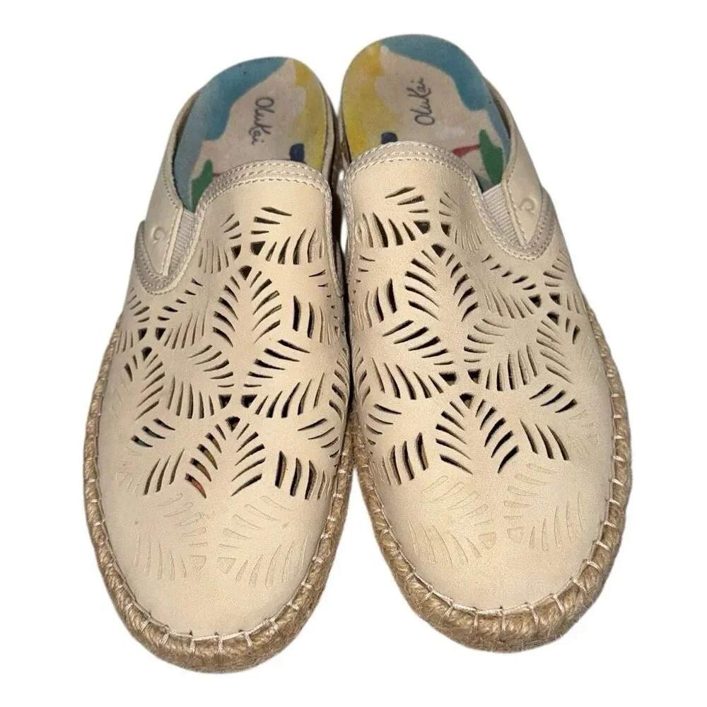 OluKai Cream Laser-Cut Leather Espadrille Mules